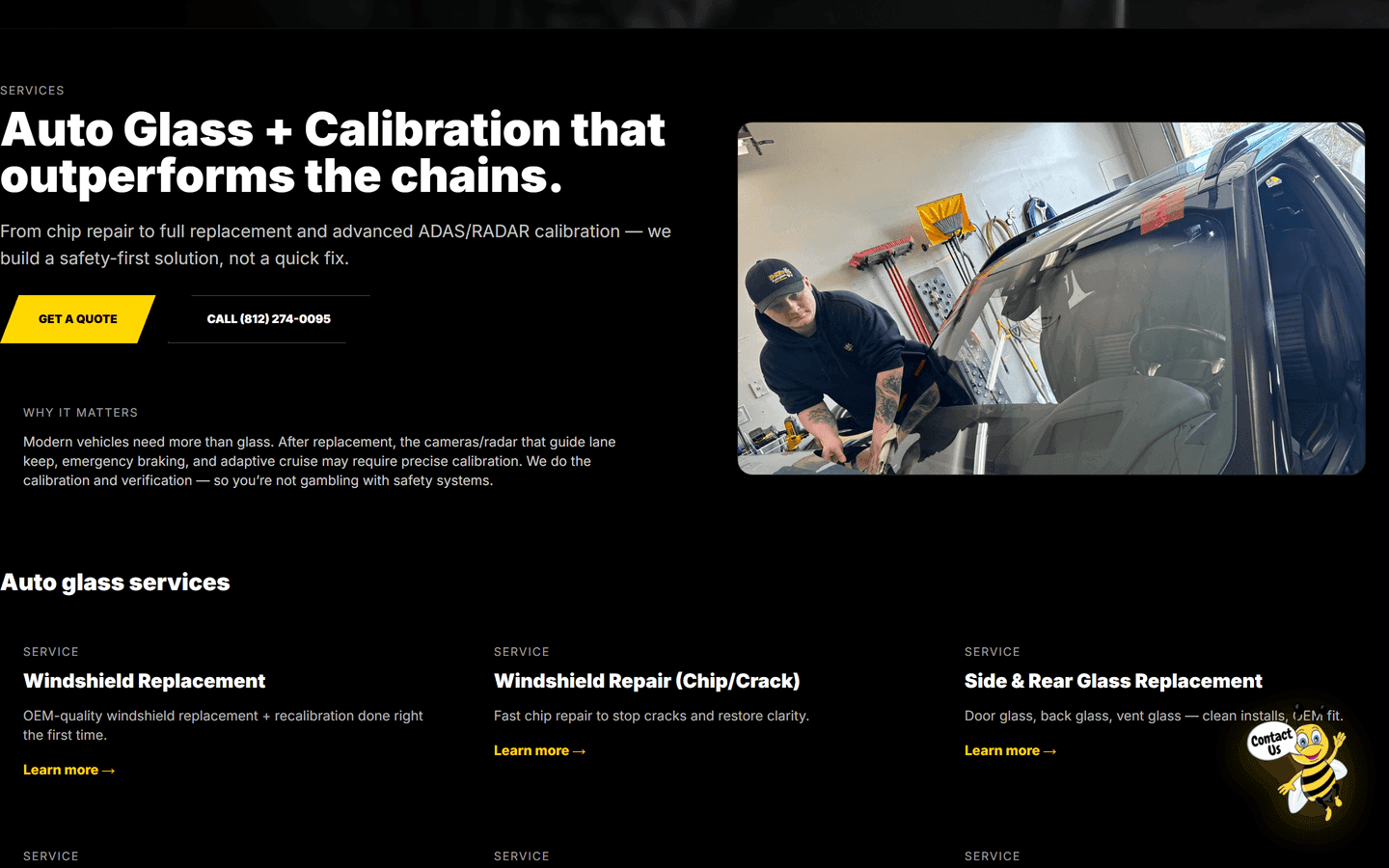 B-Rite Autoglass services page listing replacement, repair, mobile, ADAS, and radar work