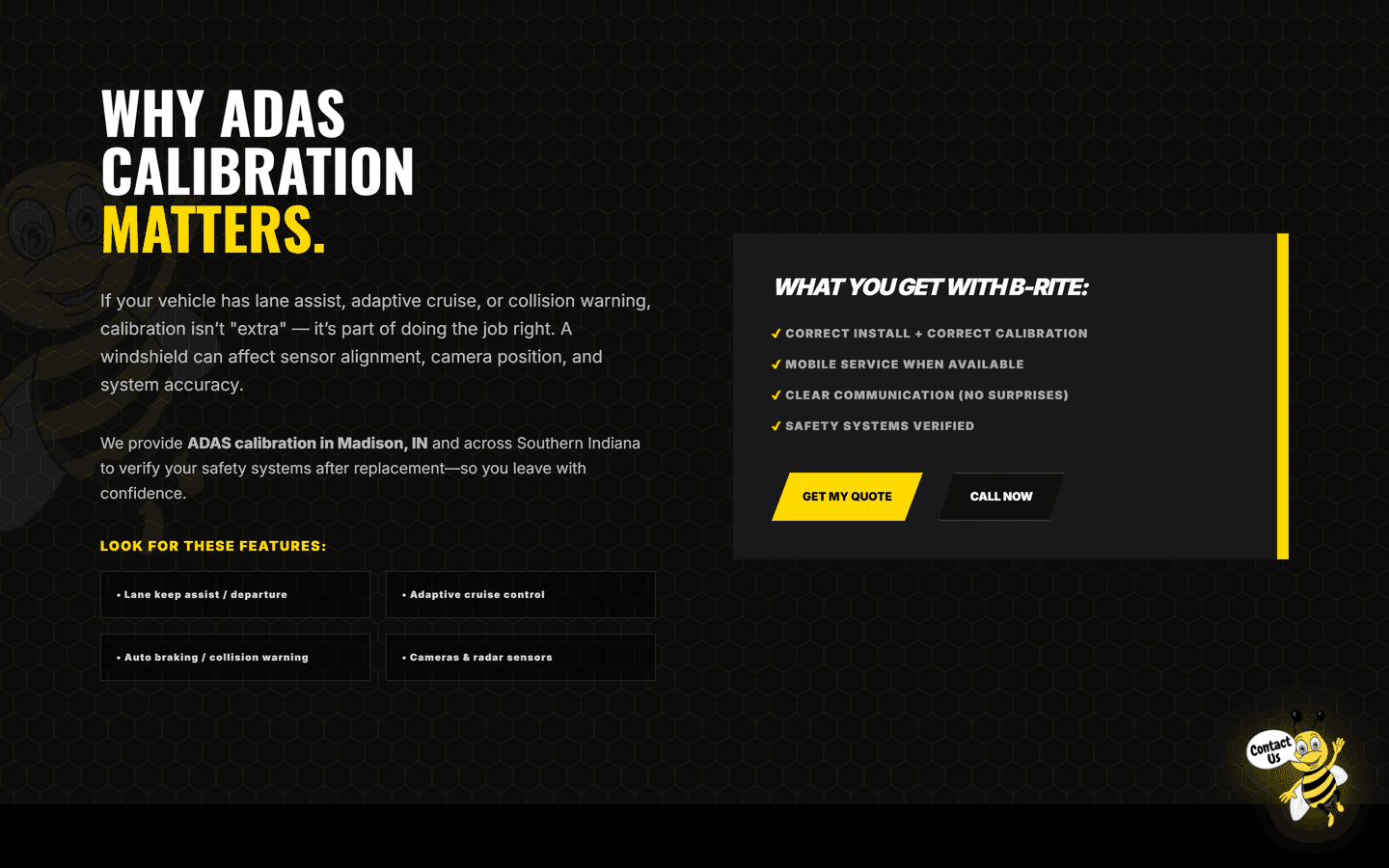 B-Rite Autoglass section explaining why ADAS calibration matters