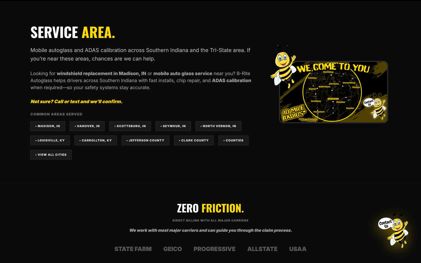 B-Rite Autoglass service area map covering Southern Indiana