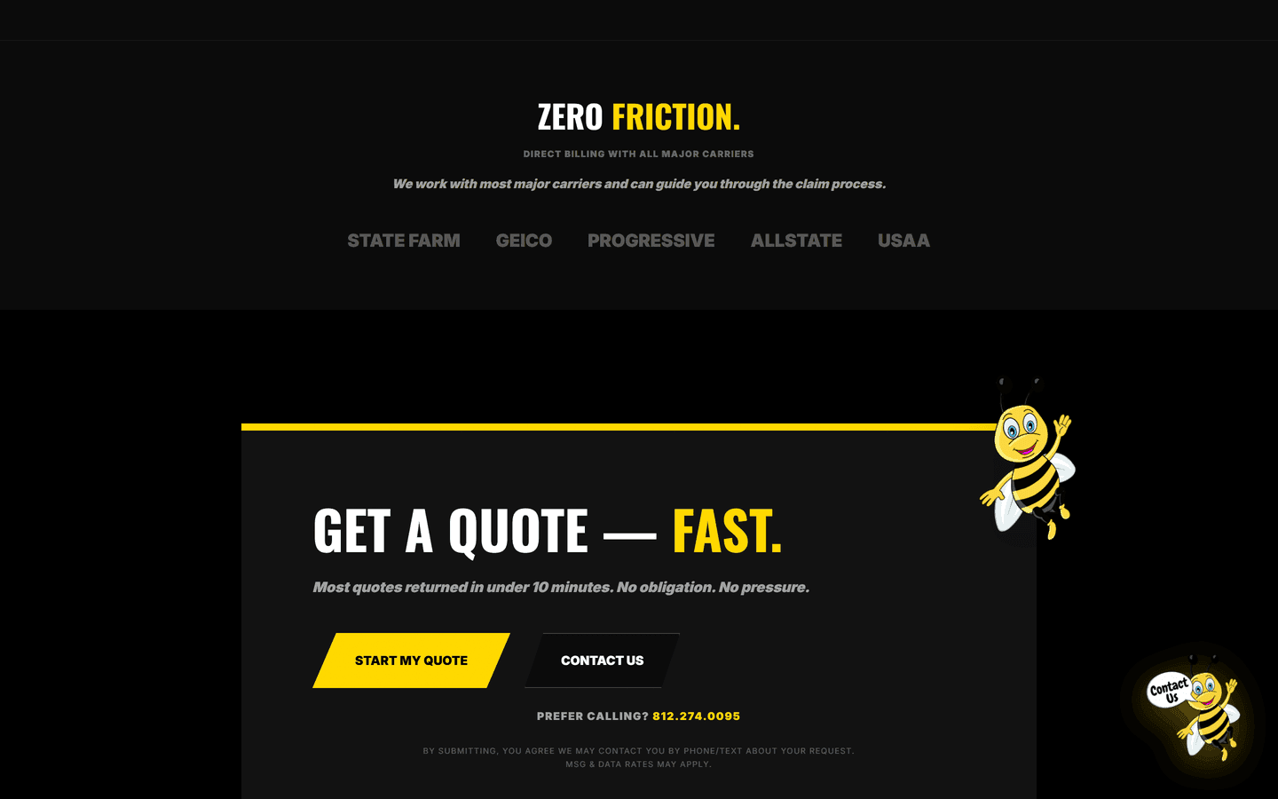 B-Rite Autoglass insurance direct-billing and quote request sections