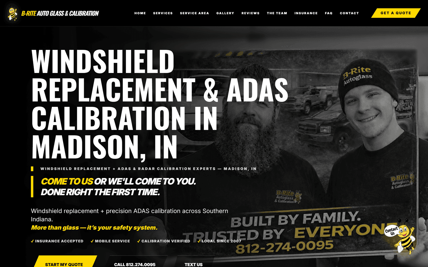 B-Rite Autoglass homepage highlighting windshield replacement and ADAS calibration