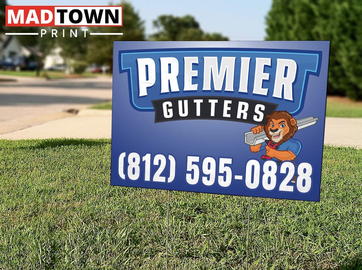 Premier Gutters yard sign in a residential lawn