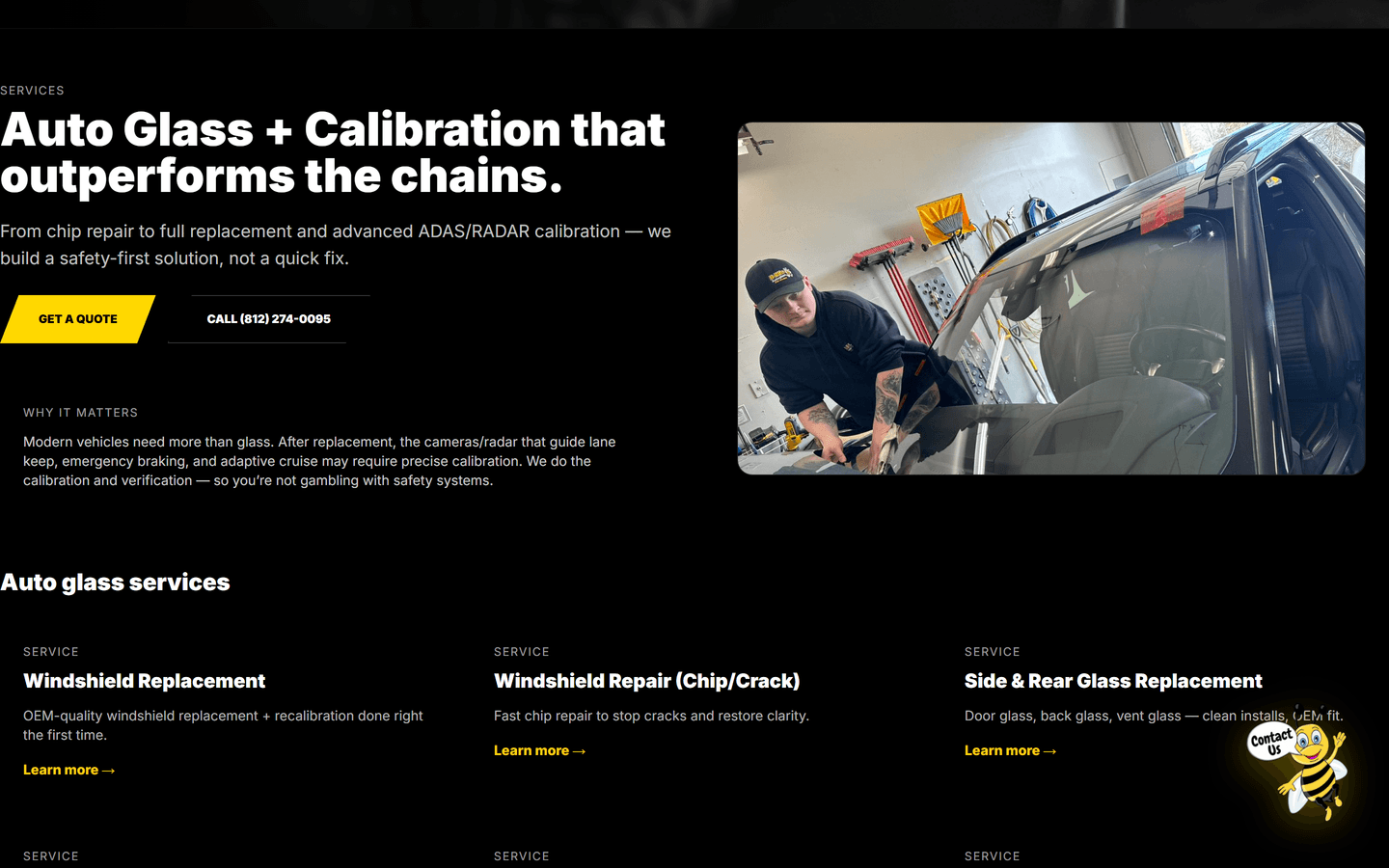 B-Rite Autoglass services page listing replacement, repair, mobile, ADAS, and radar work
