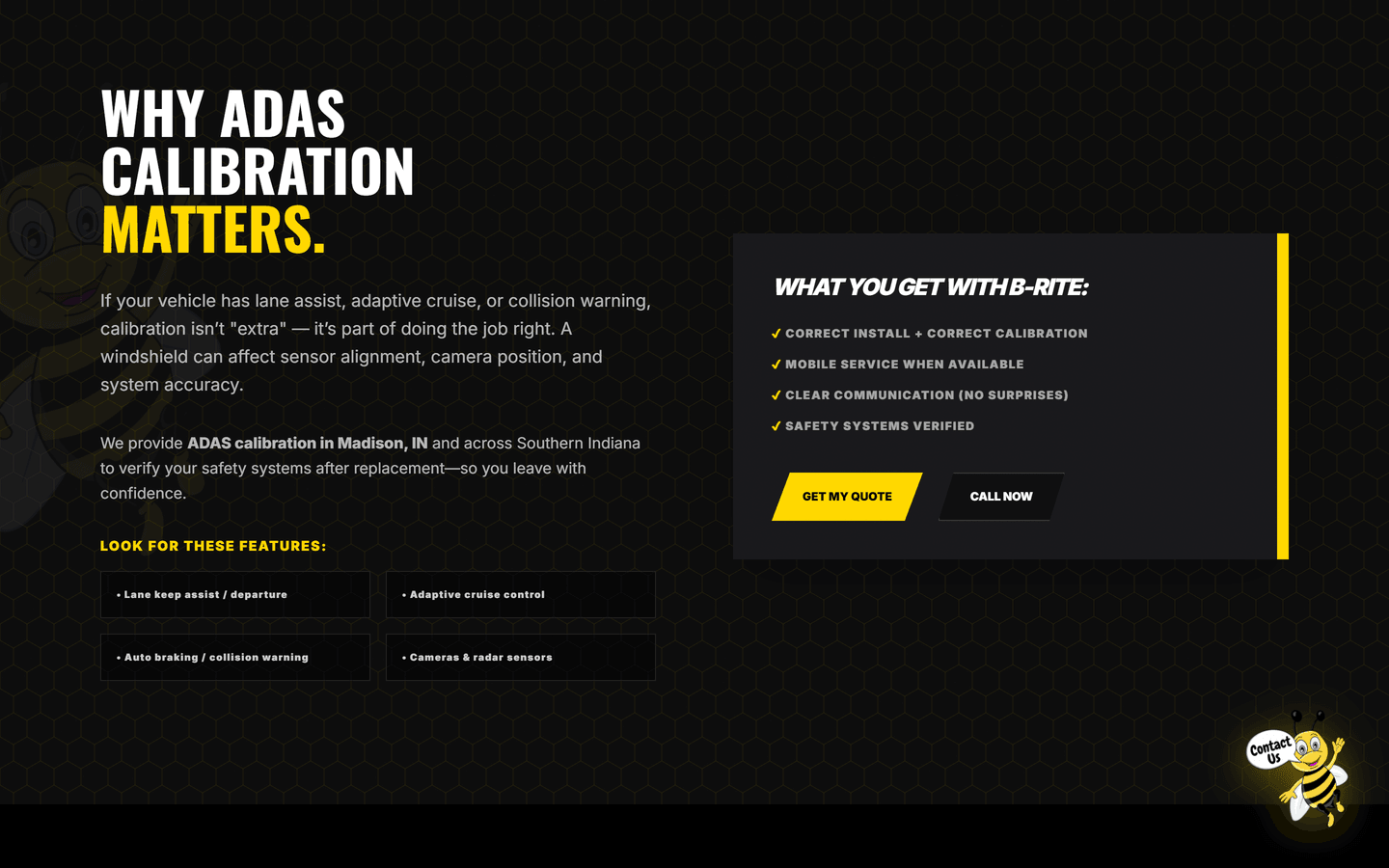 B-Rite Autoglass section explaining why ADAS calibration matters